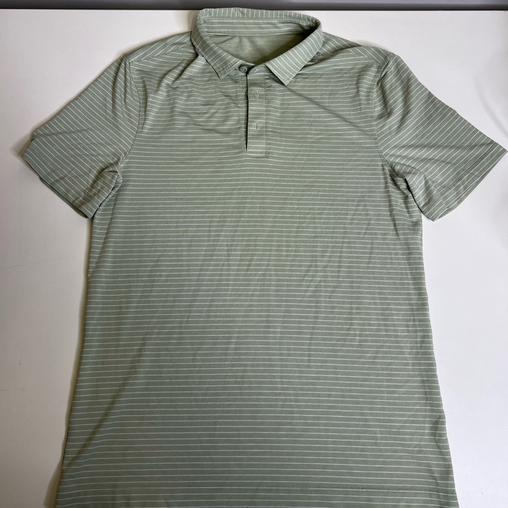 Lululemon Men's Green Striped Polo Shirt - Size Medium